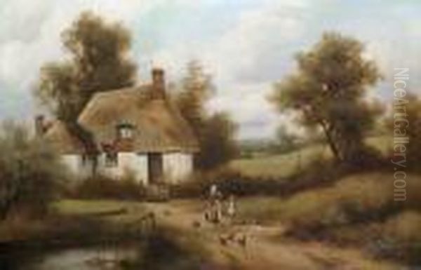 Figures Before A Cottage With Sheep Grazing In The Distance 'c. Vickers' (lower Right) Oil Painting by Charles Vickers