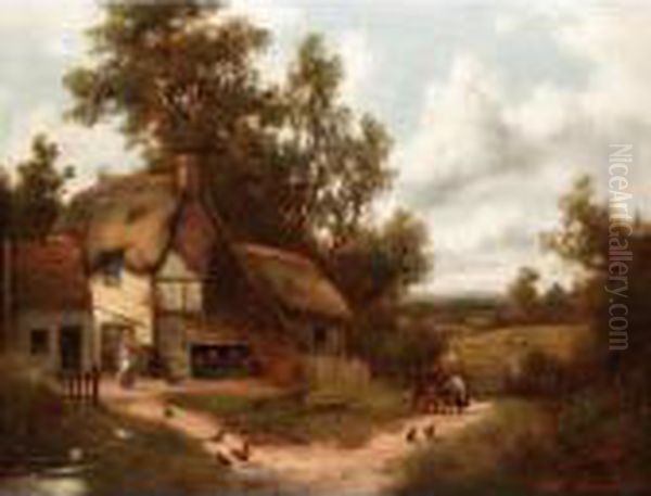 A Thatched Cottage Landscape Oil Painting by Charles Vickers