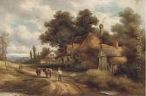 A Drover And His Cattle On A Village Track Oil Painting by Charles Vickers