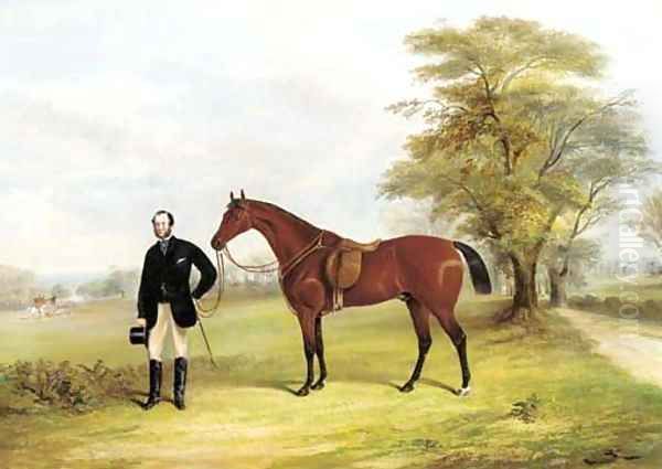 A gentleman with a saddled bay hunter in a parkland Oil Painting by F. C. Freeman