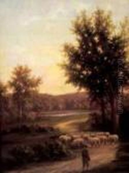 Evening Falls, A Shepherd With His Flock Oil Painting by Henry Harold Vickers