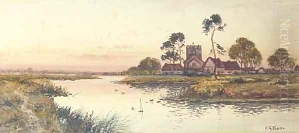 A riverside hamlet at dusk Oil Painting by Francis George Fraser