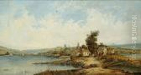 An Extensive Landscape With Cottages By A Lake Oil Painting by Henry Harold Vickers