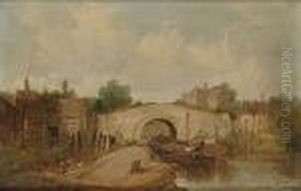 'lock At Brentford, Middlesex'; And A Town On A River Oil Painting by Henry Harold Vickers