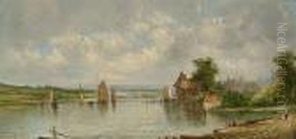 A View On An Estuary, A Castle Beyond Oil Painting by Henry Harold Vickers