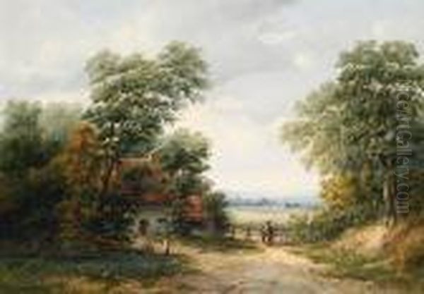 Figures Outside A Cottage With A Villagebeyond Oil Painting by Alfred Vickers