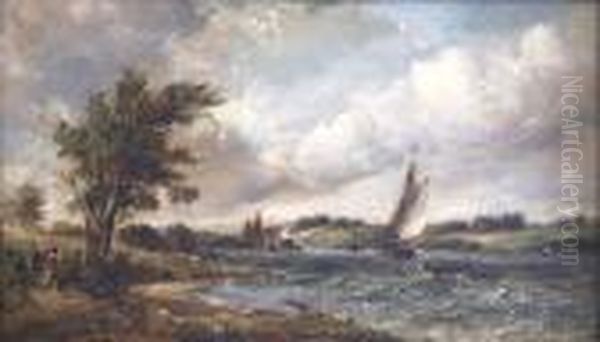 River Estuary Scene With Sailing Boats Signed Oil Painting by Alfred Vickers