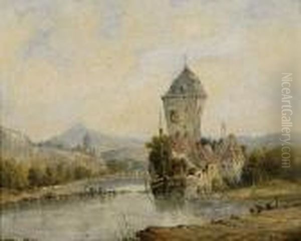 Continental River Landscape With Towered Buildings Oil Painting by Alfred Vickers