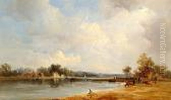 An Extensive River Landscape With Cattle At The Water's Edge. Oil Painting by Alfred Vickers