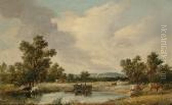 Figures And Cattle By A River, Believed To Be The River Gipping Near Ipswich Oil Painting by Alfred Vickers