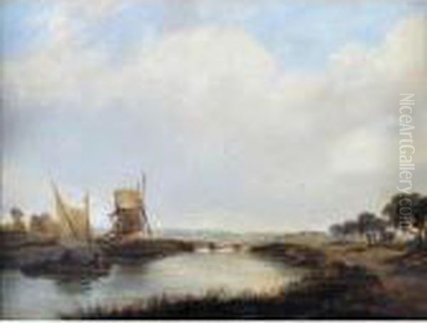 River Landscape With Sailing Boat And Windmill Oil Painting by Alfred Vickers