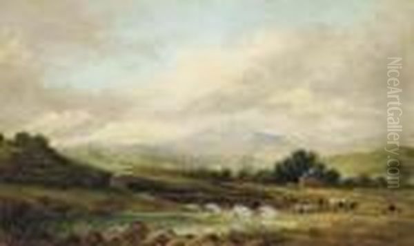 An Extensive River Landscape With Cattle By A Bridge And A Hamletbeyond Oil Painting by Alfred Vickers