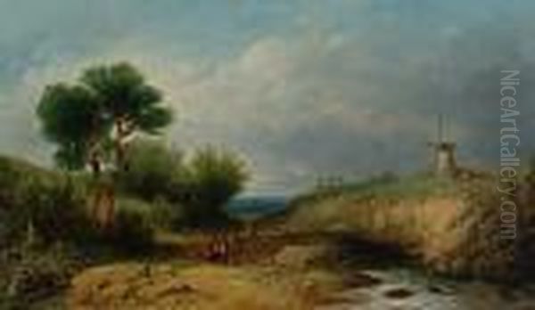 Figures In A Landscape With A Windmill Oil Painting by Alfred Vickers