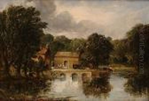 Figures And Cattle Beside A Lake Oil Painting by Alfred Vickers