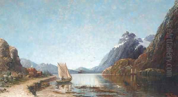 A fishing boat on an Alpine lake Oil Painting by Therese Fuchs