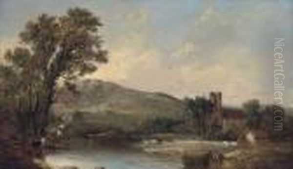 Cattle Watering By A Church In A River Landscape Oil Painting by Alfred Vickers