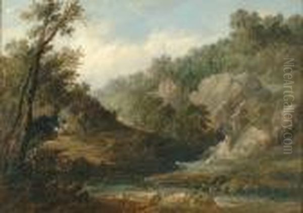 Rocky Country Landscape With A River And Encampment In The Foreground Oil Painting by Alfred Vickers