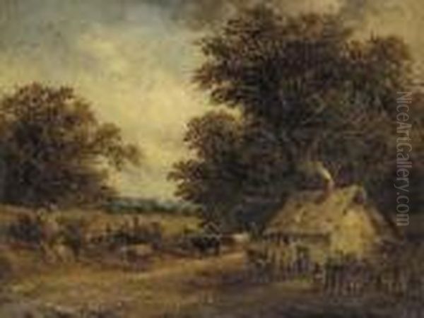 A Farmhouse With Cows In A Landscape Oil Painting by Alfred Vickers