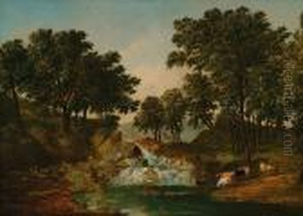 Cattle Watering Near A Waterfall Oil Painting by Alfred Vickers