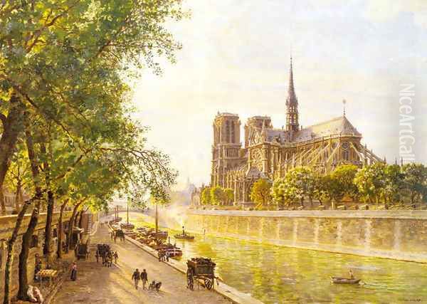 L'lle de la Cite and the Cathedral of Notre Dame, Paris as seem from Quai Montebello Oil Painting by Marie-Francois-Firmin Girard