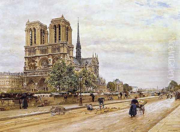 Notre dame de Paris and the Flower Market Oil Painting by Marie-Francois-Firmin Girard