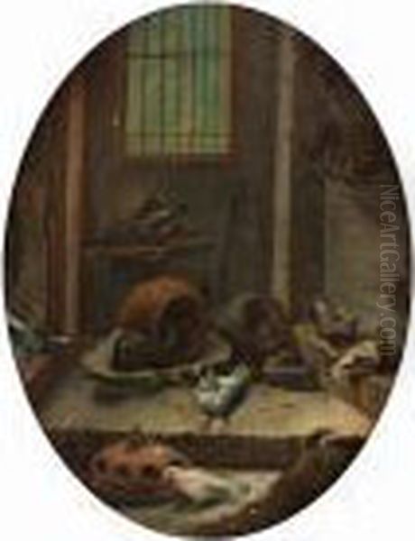 The Interior Of A Dovecote; And A Cockerel And Hens In A Coop Oil Painting by Jacomo (or Victor, Jacobus) Victors