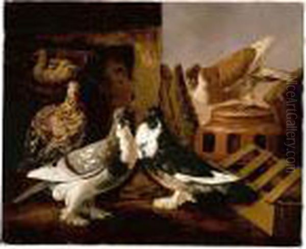 Still Life Of Two Courting 
Doves, A Partridge And Her Chicks, And A Further Dove Beyond Perched On A
 Jar Oil Painting by Jacomo (or Victor, Jacobus) Victors