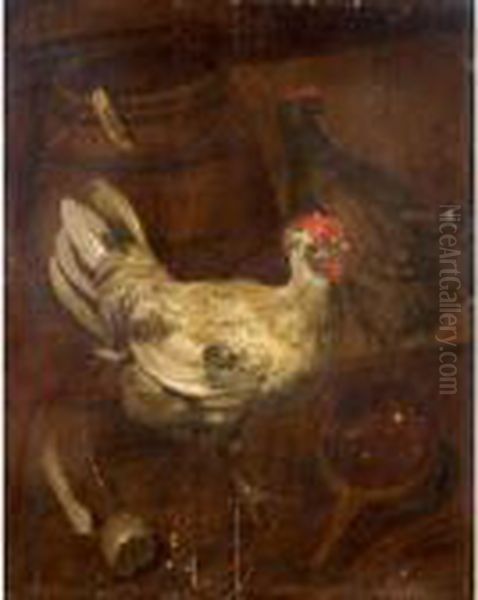 A Still Life With Chickens And A Barrel Oil Painting by Jacomo (or Victor, Jacobus) Victors