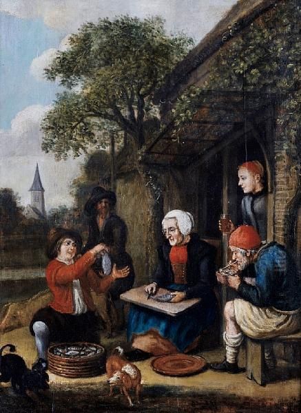 A Crabseller Before A Cottage Door Oil Painting by Jan Victors