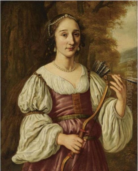 Portrait Of A Young Lady As 
Diana, Standing Half-length, Wearing Ared And White Dress And Pearl 
Jewellery, Holding A Bow Andquiver Oil Painting by Jan Victors