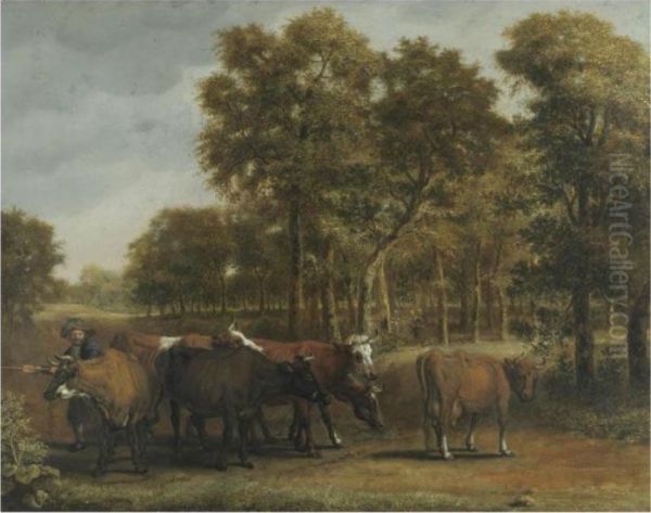 A Landscape With Cows And A Herder Oil Painting by Jan Victors