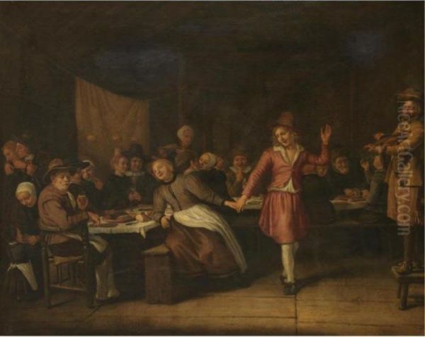 A Wedding Banquet With A Young Man Propositioning A Peasant Woman For A Dance Oil Painting by Jan Victors