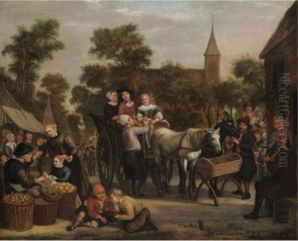 A Market Scene, With A Horse And Cart And Travellers Taking Refreshment Oil Painting by Jan Victors