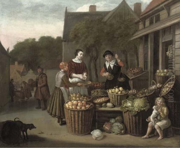 A Woman And Child Purchasing Fruit At A Market Oil Painting by Jan Victors