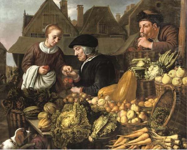 A Young Woman Buying Fruit Oil Painting by Jan Victors