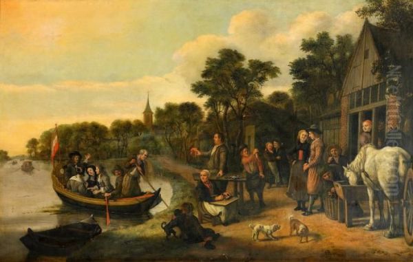 Hollandskt Flodlandskap Med Figurer Oil Painting by Jan Victors