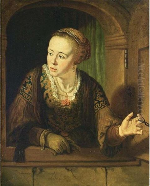 A Young Lady Opening A Shutter Of A Window Oil Painting by Jan Victors