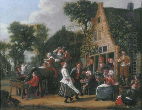 Peasants Making Merry And A Wagon Halting Outside An Inn Oil Painting by Jan Victors