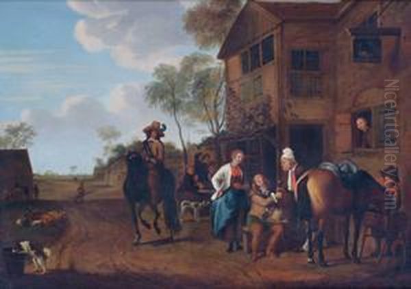 Gentlemen Taking Refreshments Outside The Swan Inn Oil Painting by Jan Victors