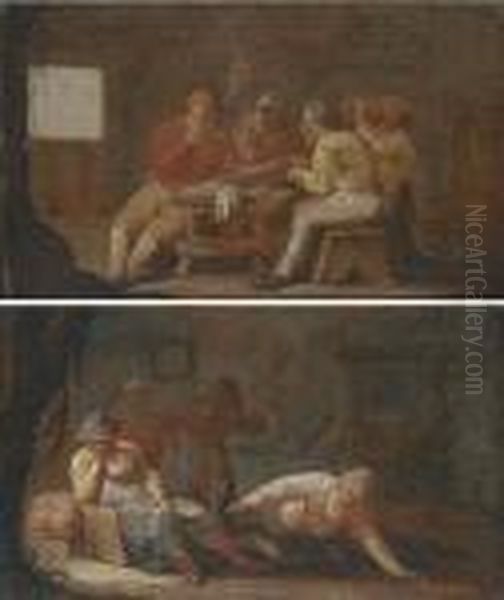 Peasants Smoking And Drinking In A Tavern; And Peasants In Atavern Oil Painting by Anthonie Victoryns