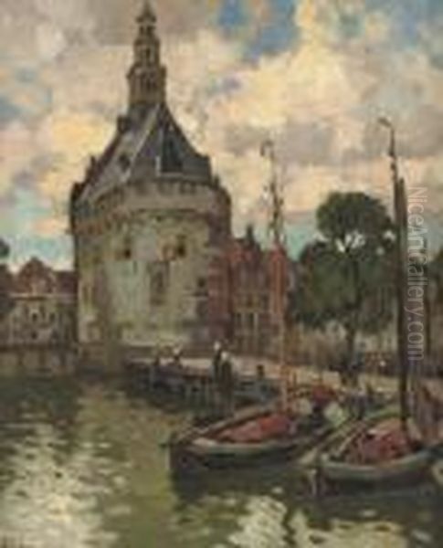 Moored Sailing Vessels Near The Hoofdtoren, Hoorn Oil Painting by Bernard, Ben Viegers