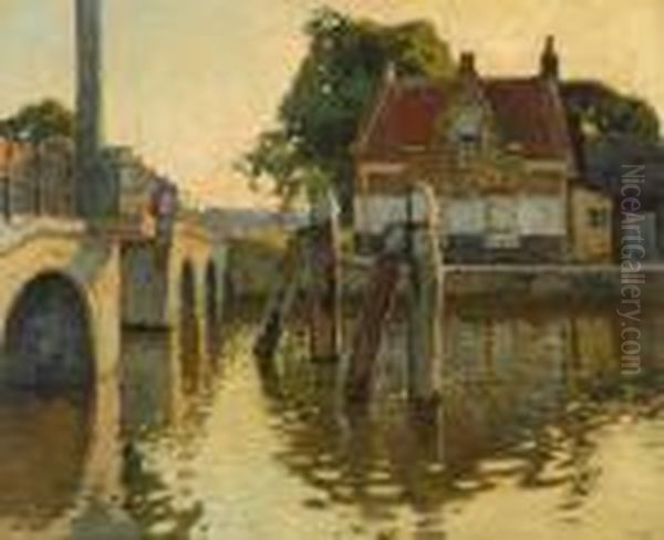 View Of A Canal With Bridge Oil Painting by Bernard, Ben Viegers