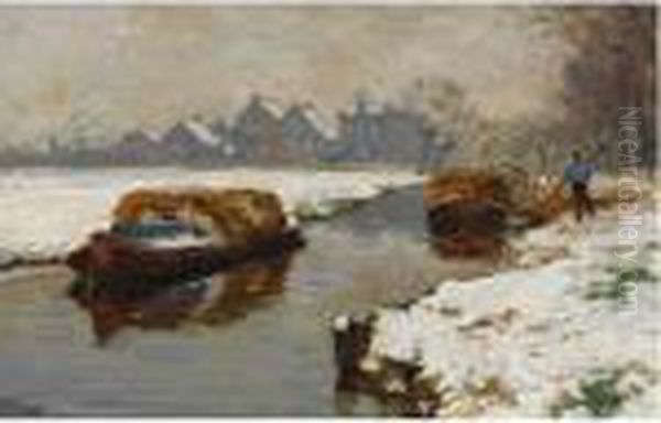 Hay Barges In Winter Oil Painting by Bernard, Ben Viegers