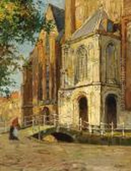 An Older Woman On A Bridge By The Church Of Delft Oil Painting by Bernard, Ben Viegers