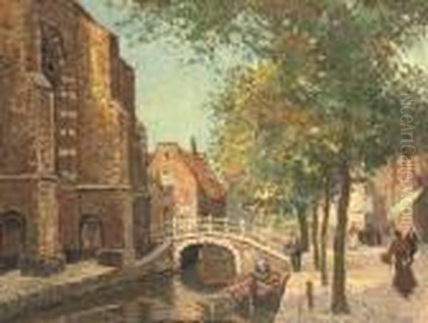 The Bridge To The Kerkstraat Seen From The Vrouwenrecht, Delft Oil Painting by Bernard, Ben Viegers