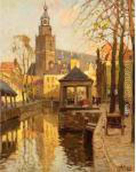 A Townview, Gouda Oil Painting by Bernard, Ben Viegers