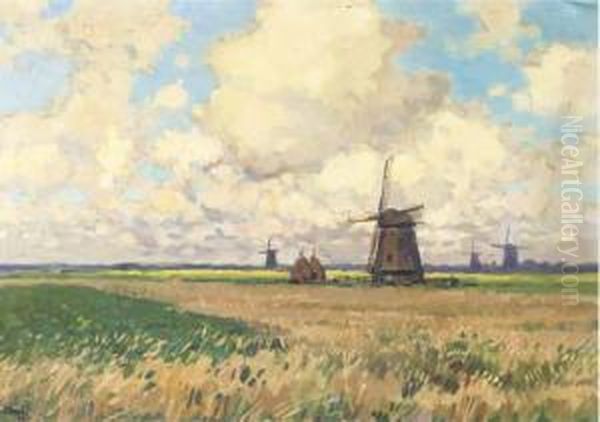 Windmills In A Polder Landscape Oil Painting by Bernard, Ben Viegers