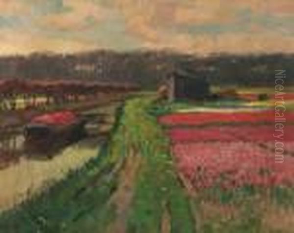 Bulbfields Along A Canal Oil Painting by Bernard, Ben Viegers