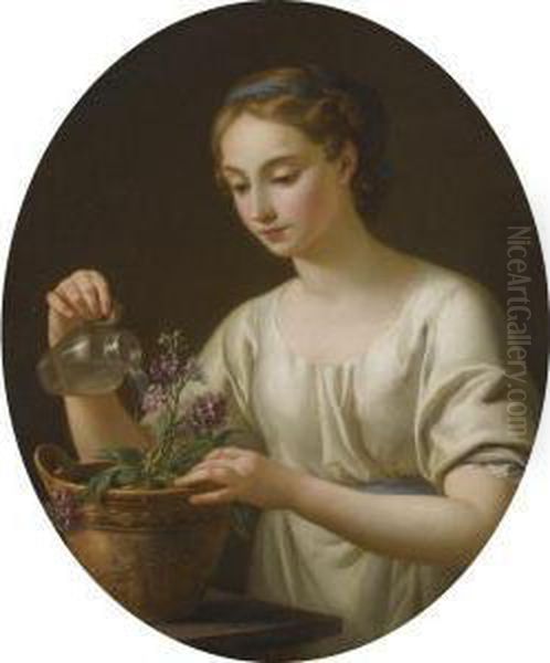 A Young Woman Watering A Pot Of Flowers, 