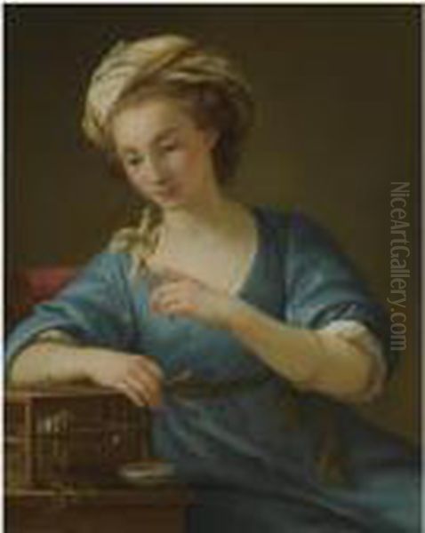 A Young Woman, Dressed A La Grecque, Holding A Canary On Heroutstretched Finger Oil Painting by Joseph-Marie Vien